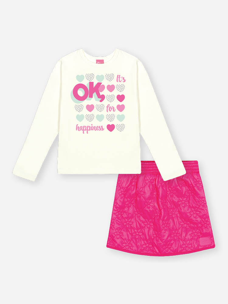 Conjunto Infantil Cinti Inverno com Saia Rosa e Blusa Manga Lonnga Corações Strass