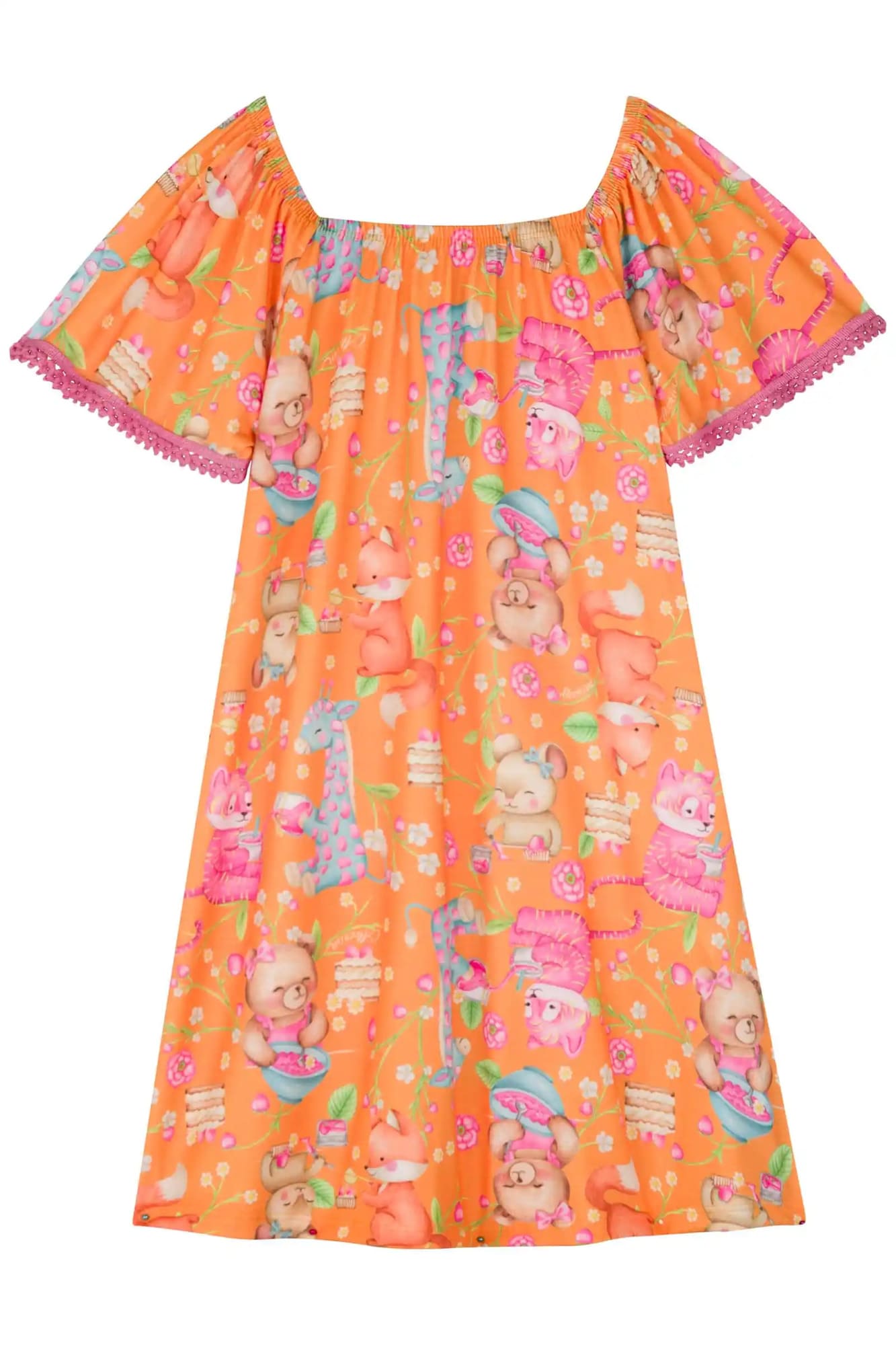 Vestido Infantil Kukiê Verão Laranja Festa dos Animais com Bolsinha