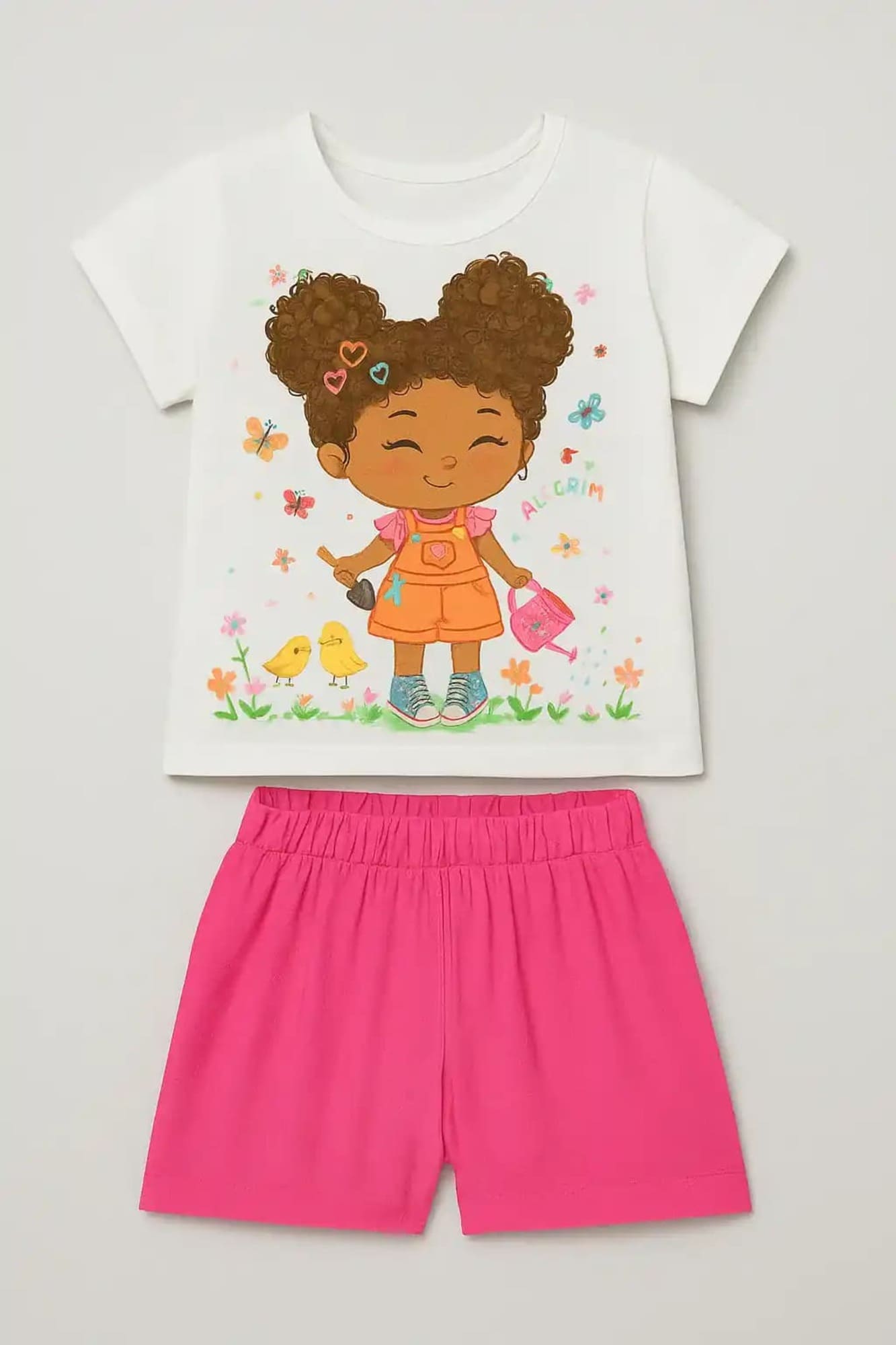 Conjunto Infantil Kukiê Alecrim com Shorts Rosa e Blusa Manga Curta Menina no Jardim