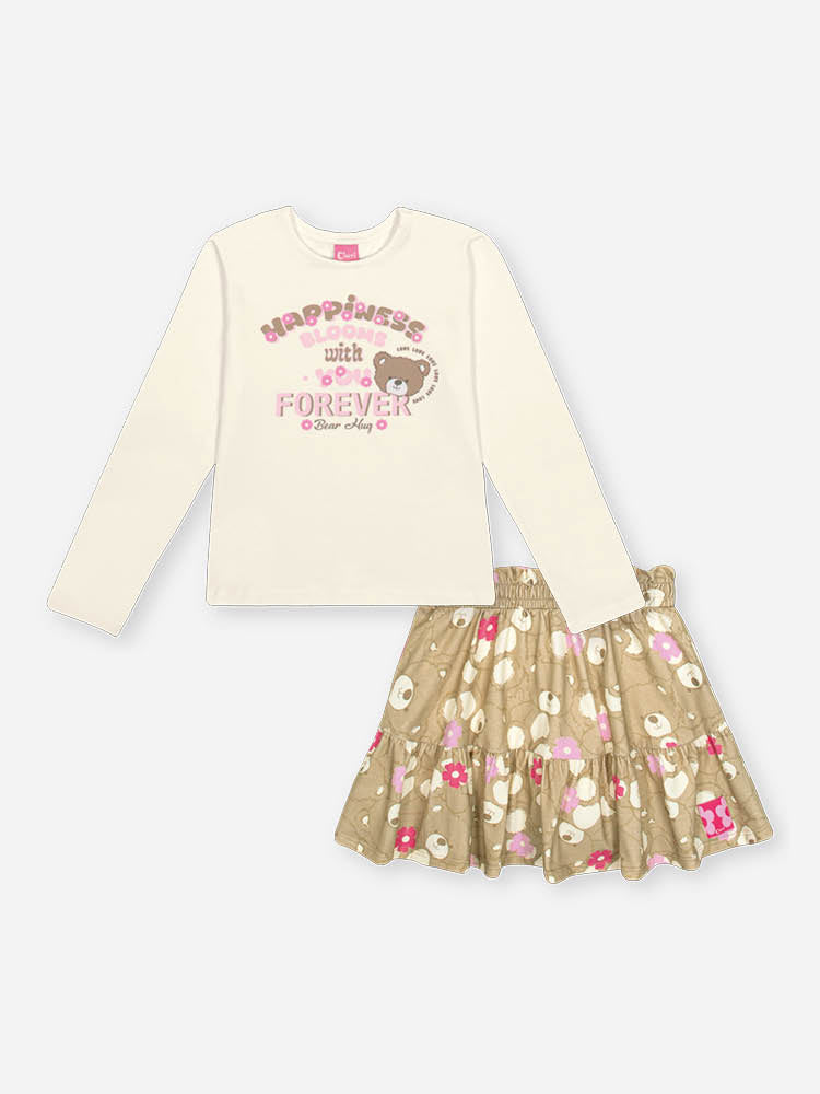 Conjunto Infantil Cinti Inverno com Saia Bege e Blusa Manga Longa Ursinha Happiness