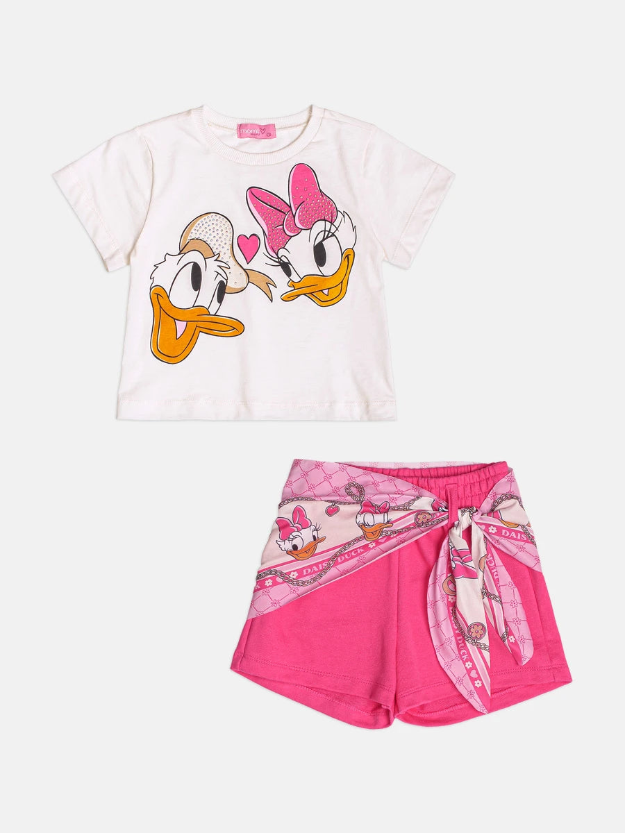 Conjunto Infantil Momi Inverni, Shorts com Lenço Rosa e Blusa Manga Curta Daisy e Donald Disney