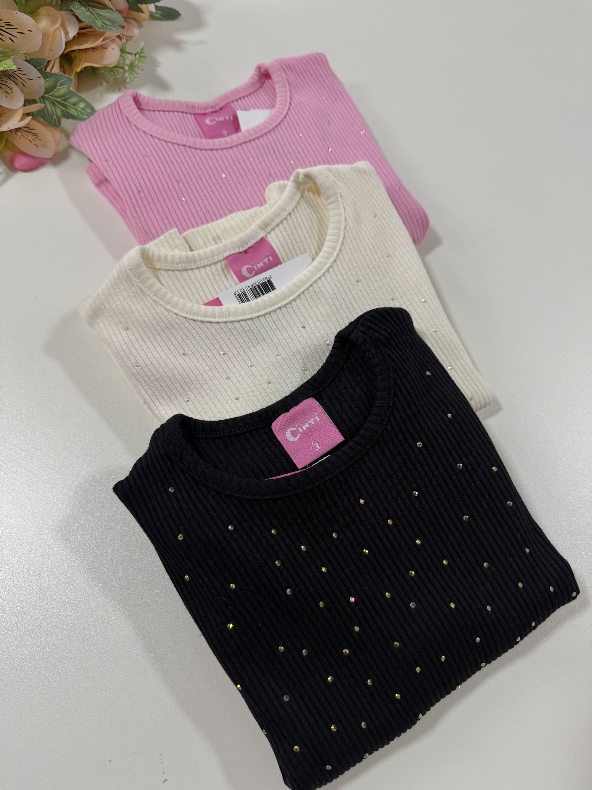 Blusa Infantil Cinti Inverno Manga Longa Canelada Rosa Strass