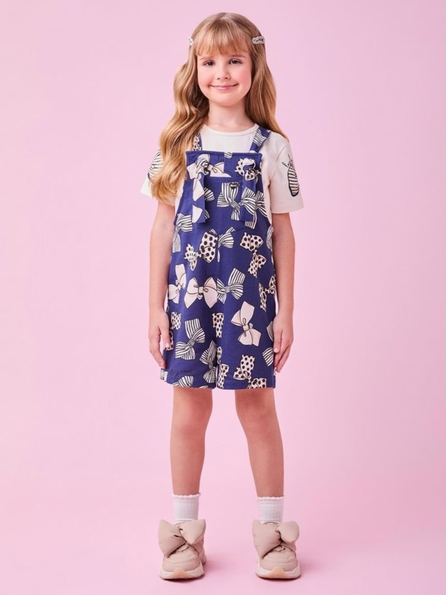 Jardineira Infantil Momi Inverno Azul Marinho Lacinhos