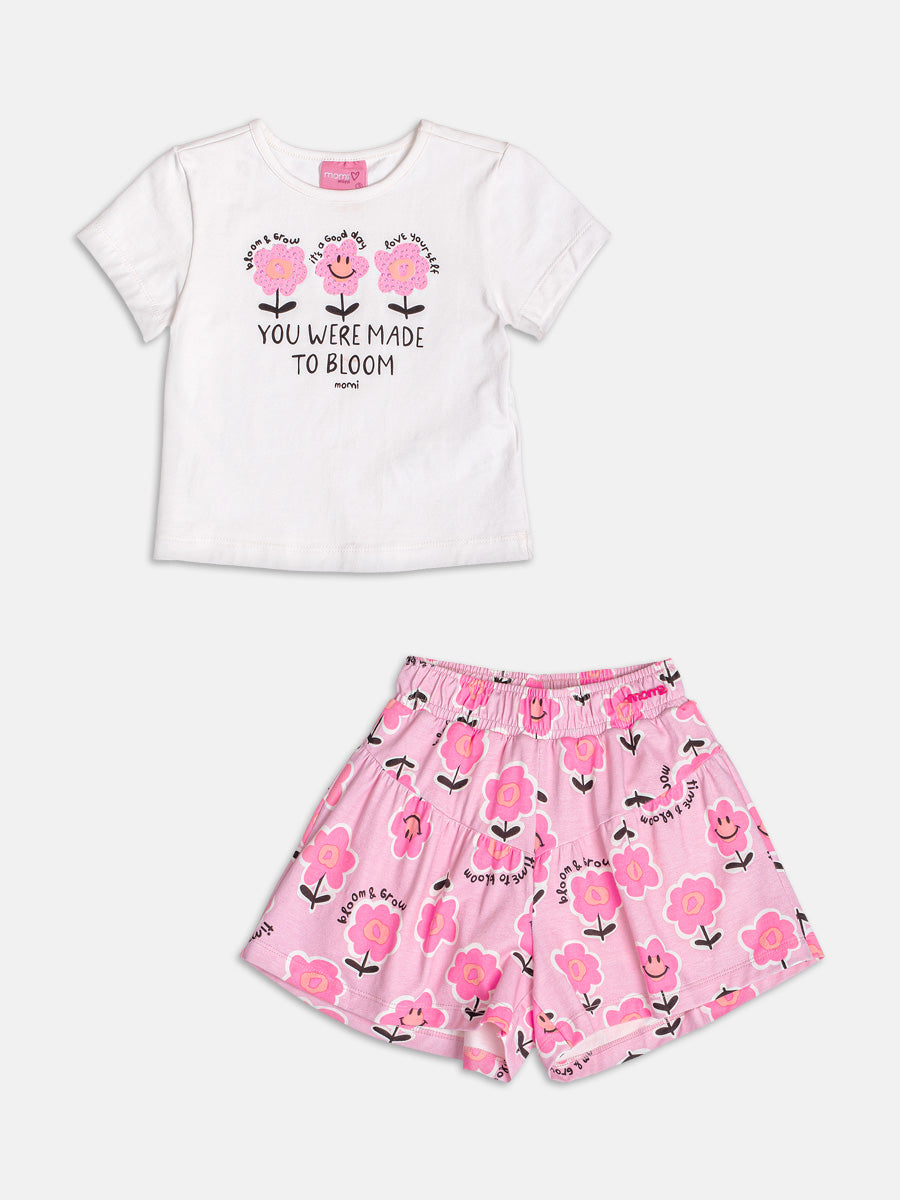 Conjunto Infantil Momi Verão com Shorts Rosa e Blusa Branca Florzinha com Strass