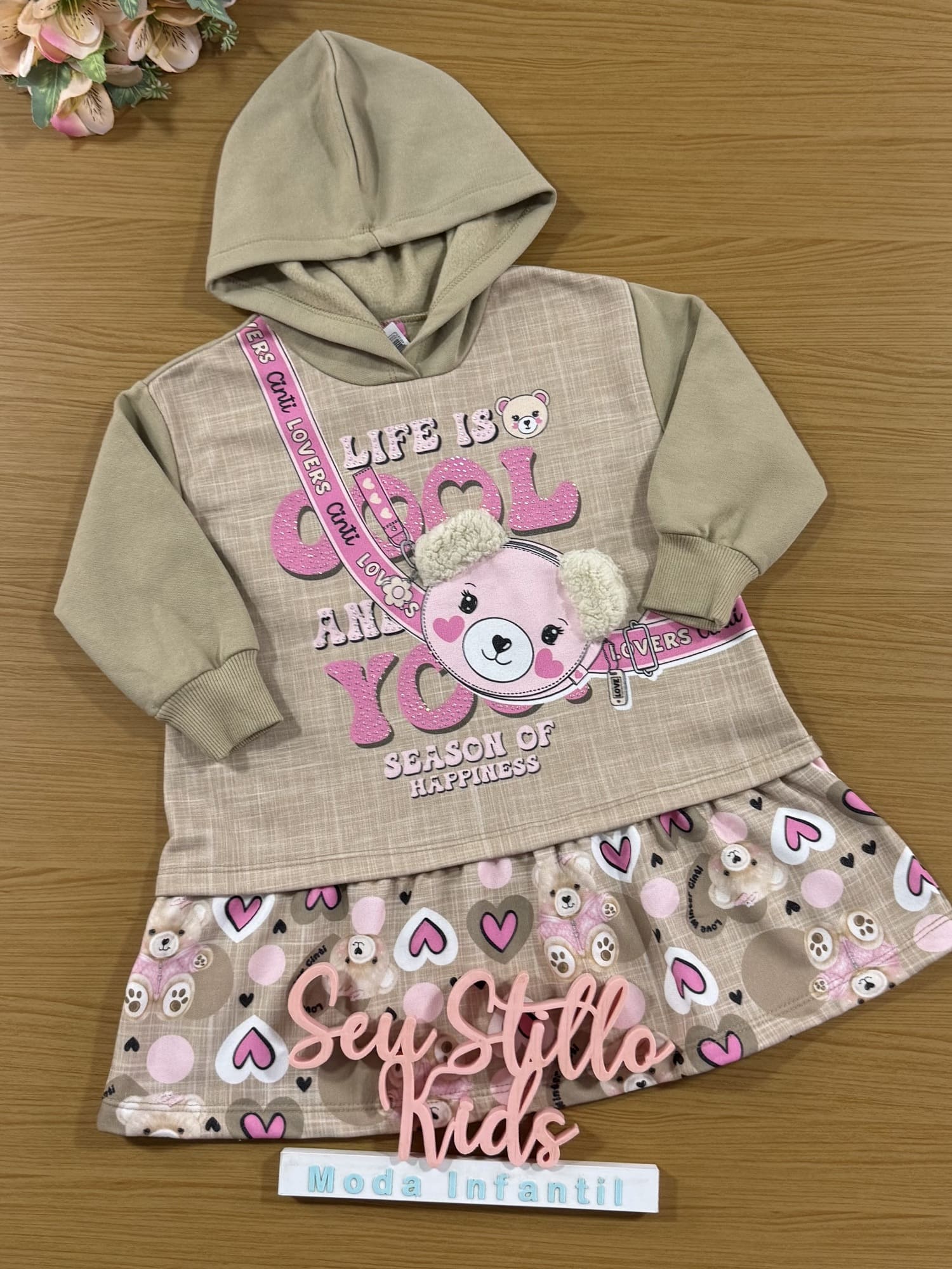 Vestido Infantil Cinti Inverno Bege Bolsinha