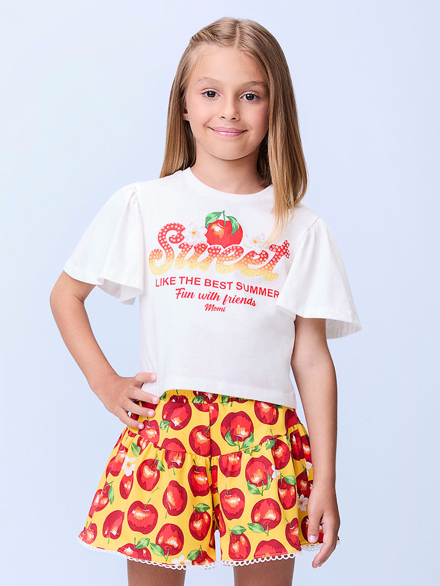 Conjunto Infantil Momi Verão Shorts Amarelo e Blusa Maçãzinha