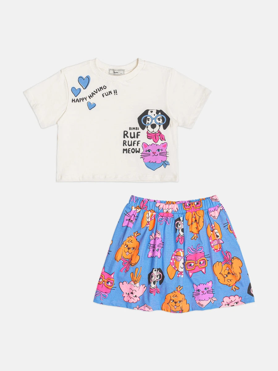 Conjunto Infantil Menina Bimbi com Saia Azul e Blusa Cachorrinha e Gatinha