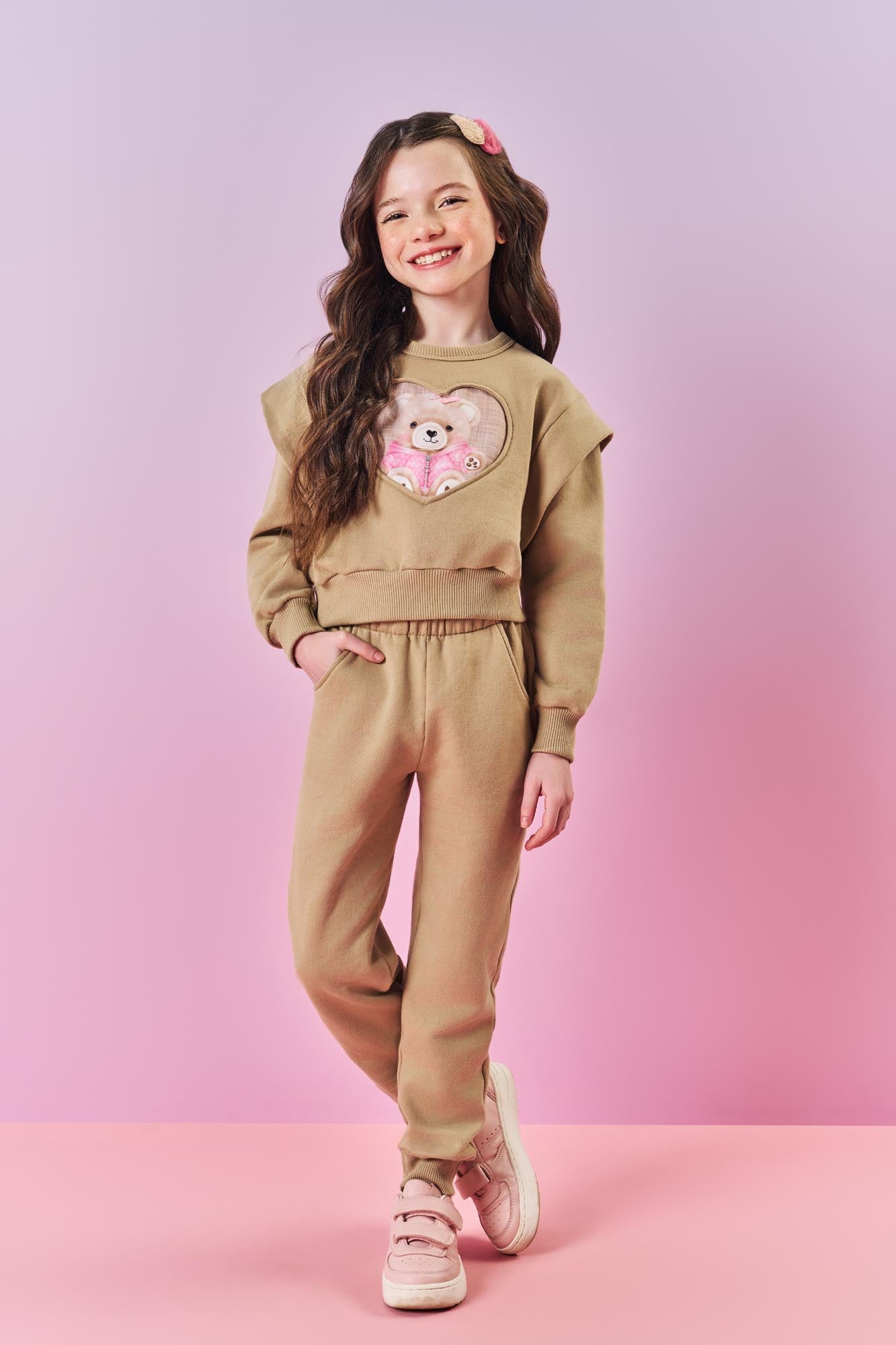 Conjunto Infantil Cinti Inverno Calça e Moletom Flanelado Bege Ursinho Coração