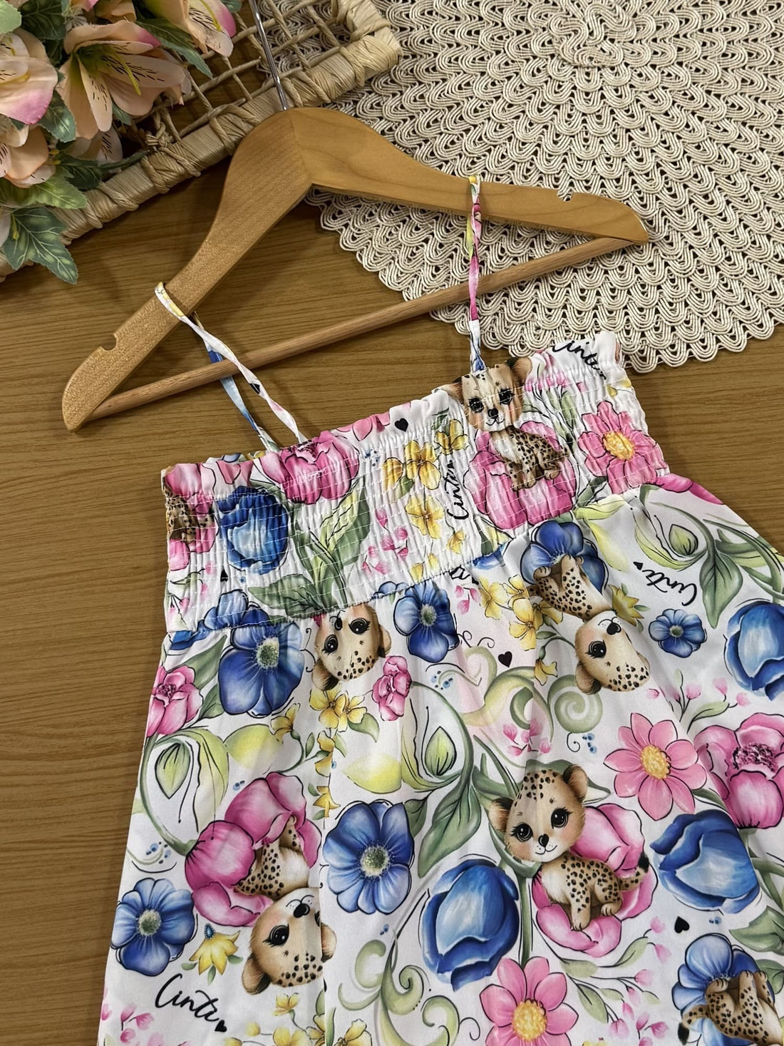 Vestido Infantill Cinti Verão com Alça Branco Oncinha Floral