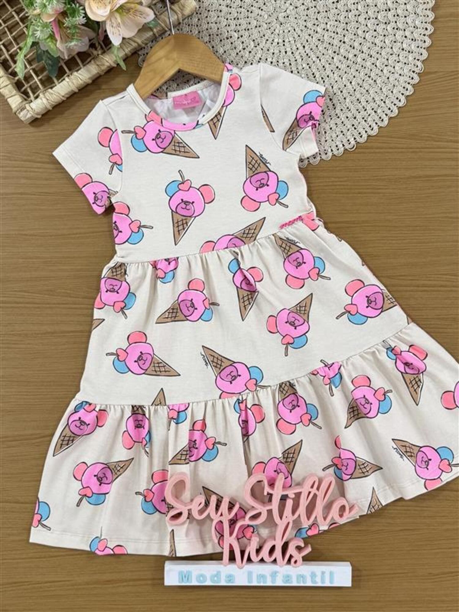 Vestido Infantil Momi Verão Bege Ursinho Sorvetinho