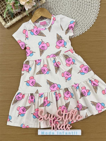 Vestido Infantil Momi Verão Bege Ursinho Sorvetinho