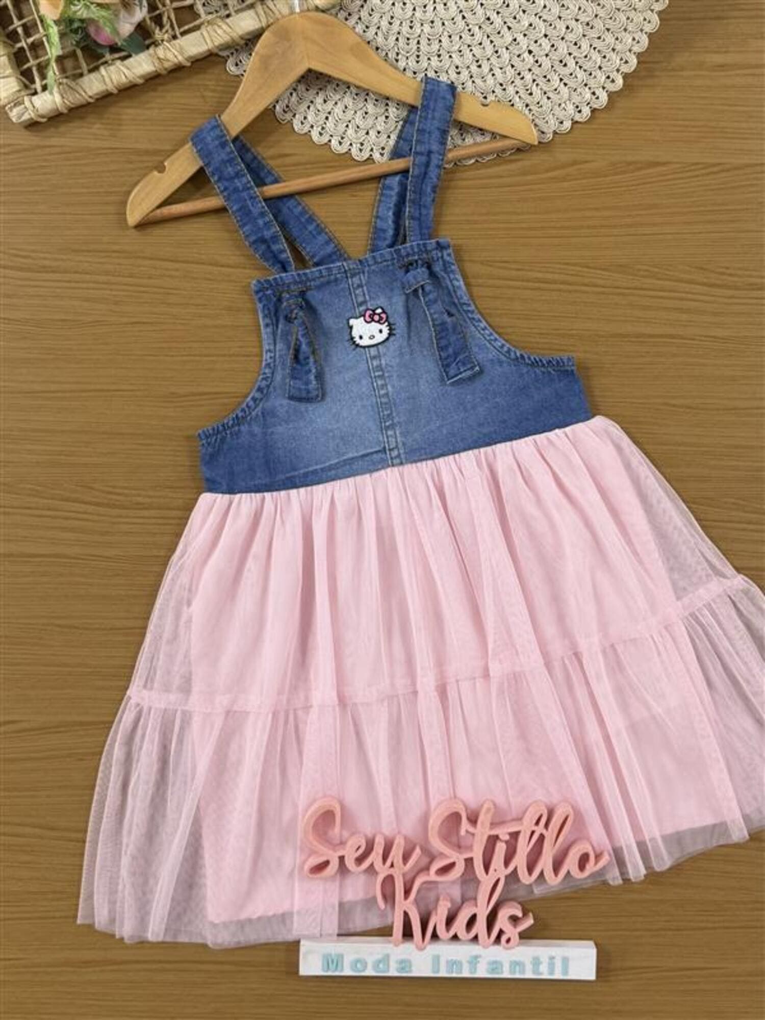 Vestido Infantil Momi Verão Jenas e Tule Rosa Helle Kitty