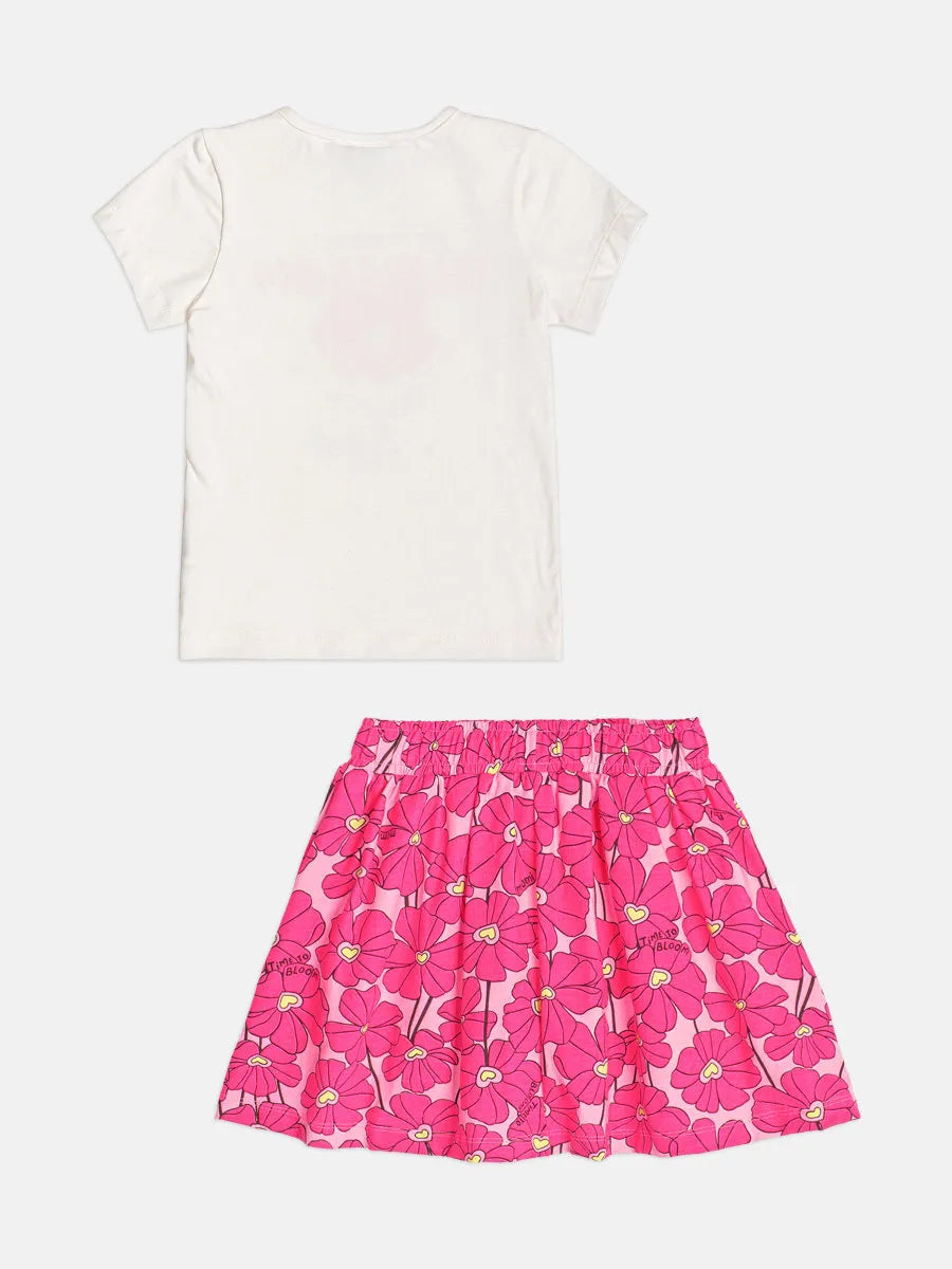 Conjunto Infantil Menina Momi com Saia Rosa e Blusa Branca Florzinha Strass
