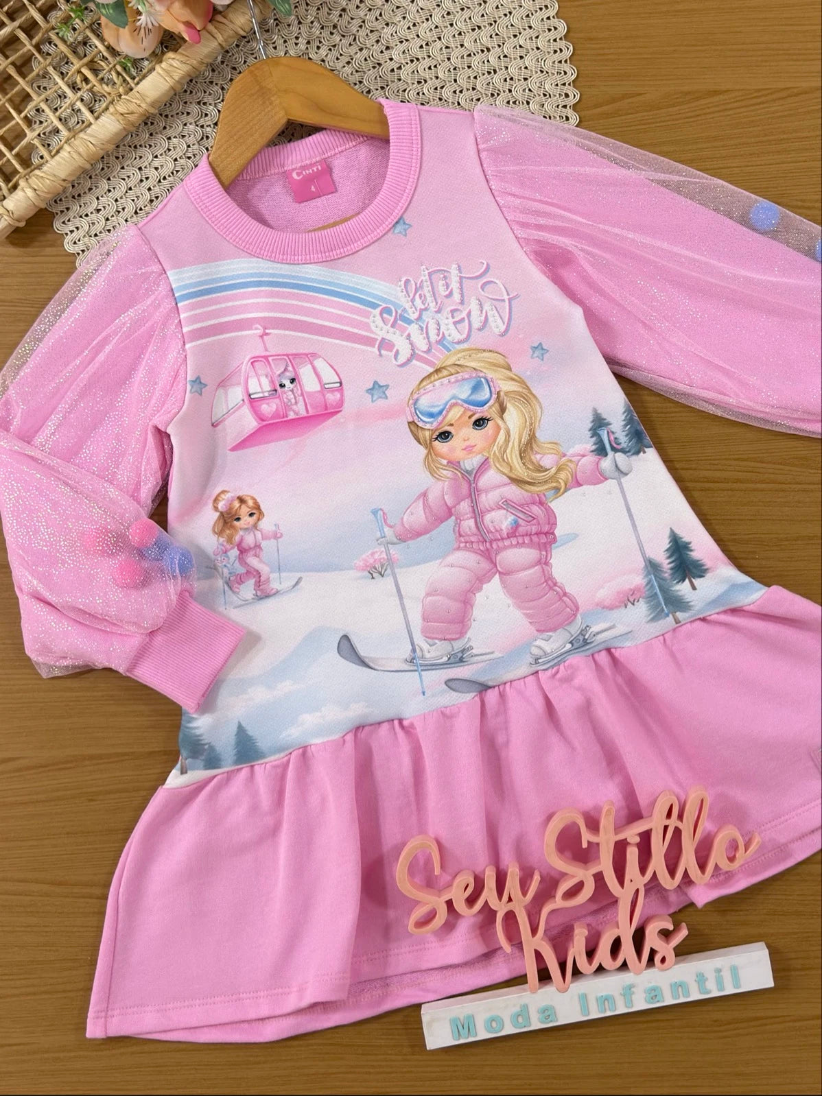 Vestido Infantil Cinti Inverno Sem Flanela com Tule Rosa Menininha na Neve