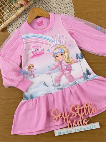 Vestido Infantil Cinti Inverno Sem Flanela com Tule Rosa Menininha na Neve
