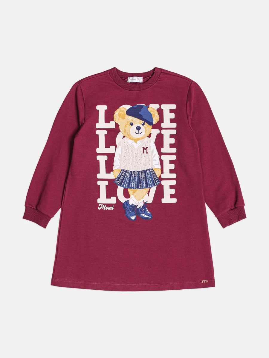 Vestido Infantil Momi Inverno Manga Longa Vinho Ursinha Love