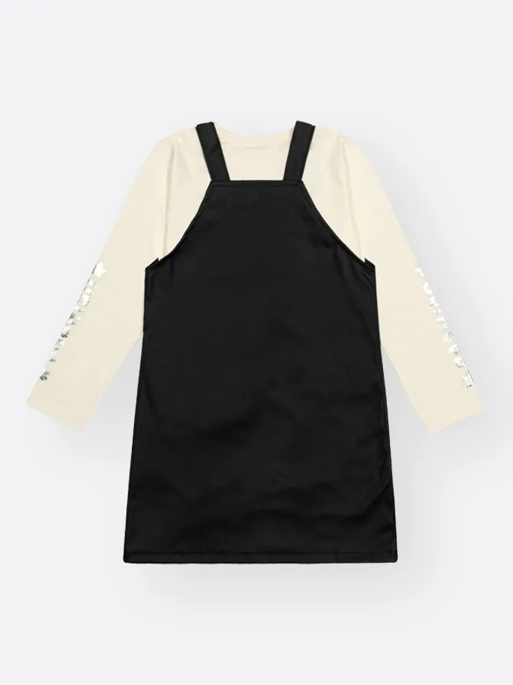 Conjunto Infantil Cinti Inverno Salopete Preta Courino e Blusa Manga Longa Branca