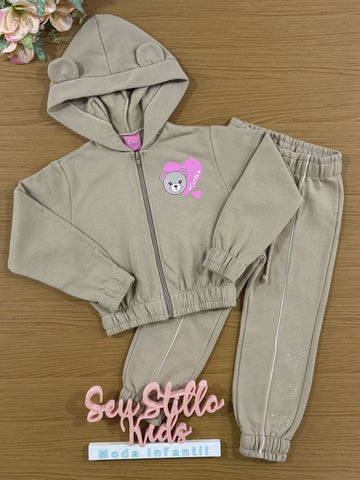 Conjunto Infantil Cinti Inverno com Calça e Jaqueta Bege Ursinho Coração