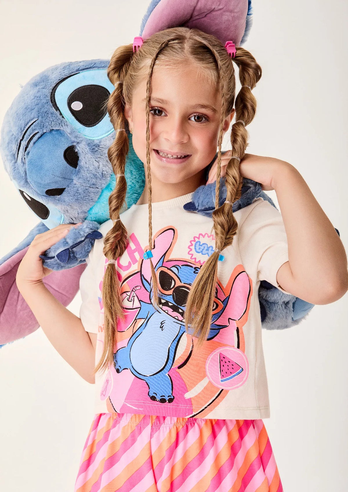 Conjunto Infantil Menina Bimbi Shorts Listrado e Blusa Stitch Verão Disney