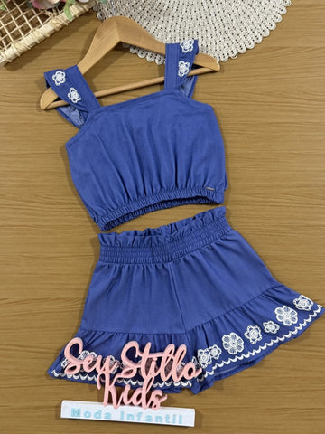 Conjunto Infantil Cinti Verão com Shorts e Blusa Azul Florzinha