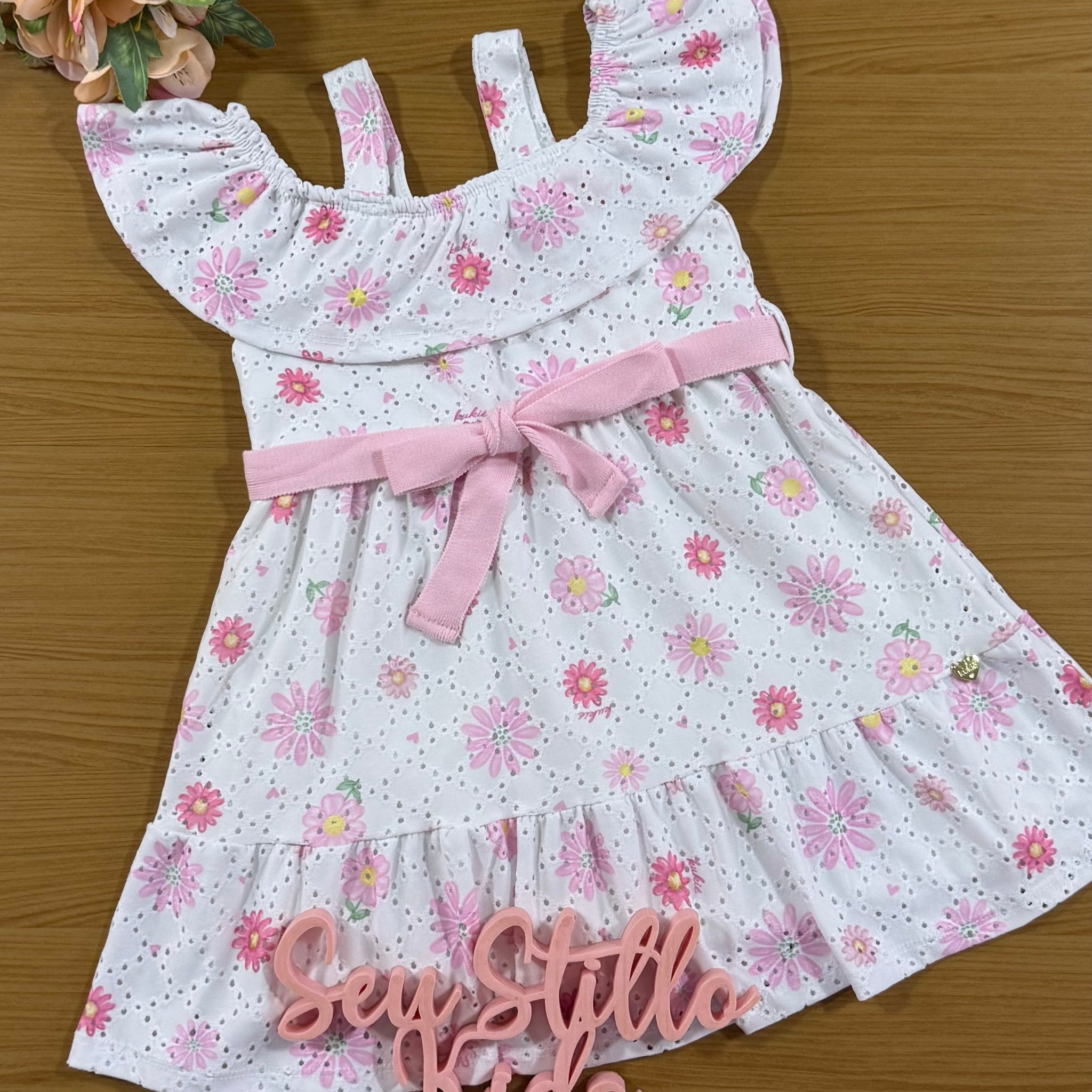 Vestido Infantil Kukie Verão Branco em Laise Floral