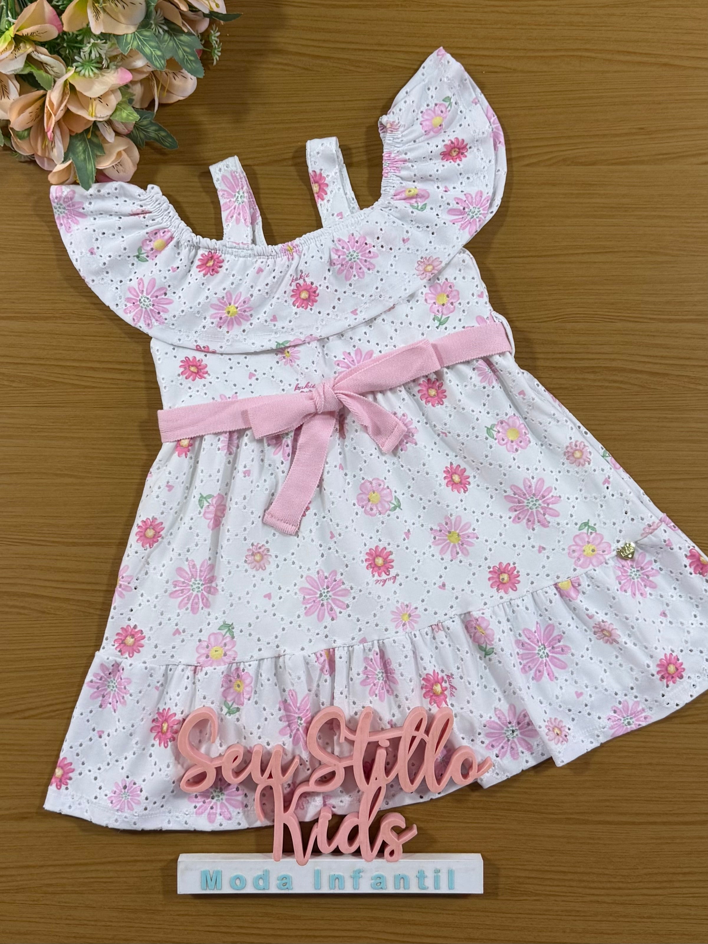 Vestido Infantil Kukie Verão Branco em Laise Floral