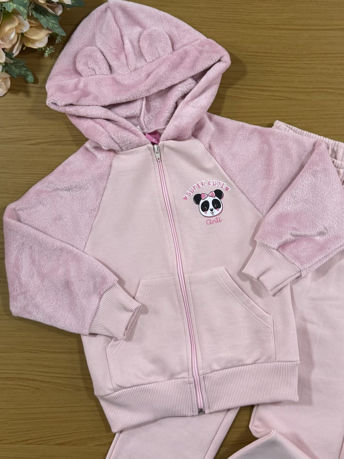 Conjunto Infantil Cinti Inverno Calça e Moletom Flanelado Rosa Panda