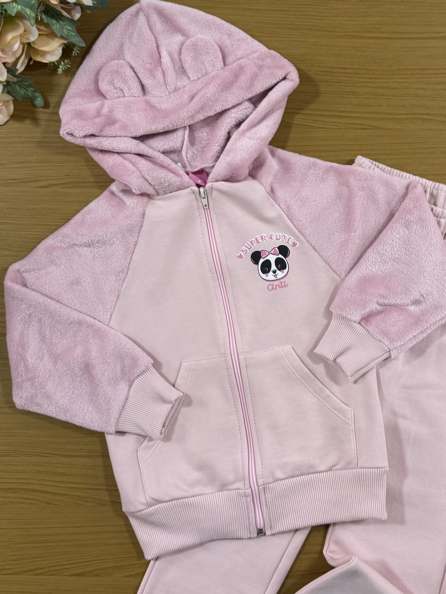 Conjunto Infantil Cinti Inverno Calça e Moletom Flanelado Rosa Panda