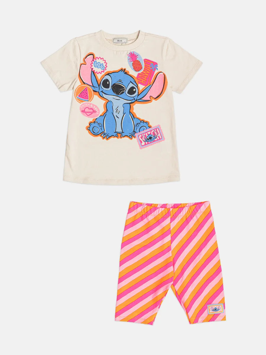 Conjunto Infantil Menina Bimbi Shorts Ciclista Listrado e Blusa Stitch Fruits Disney