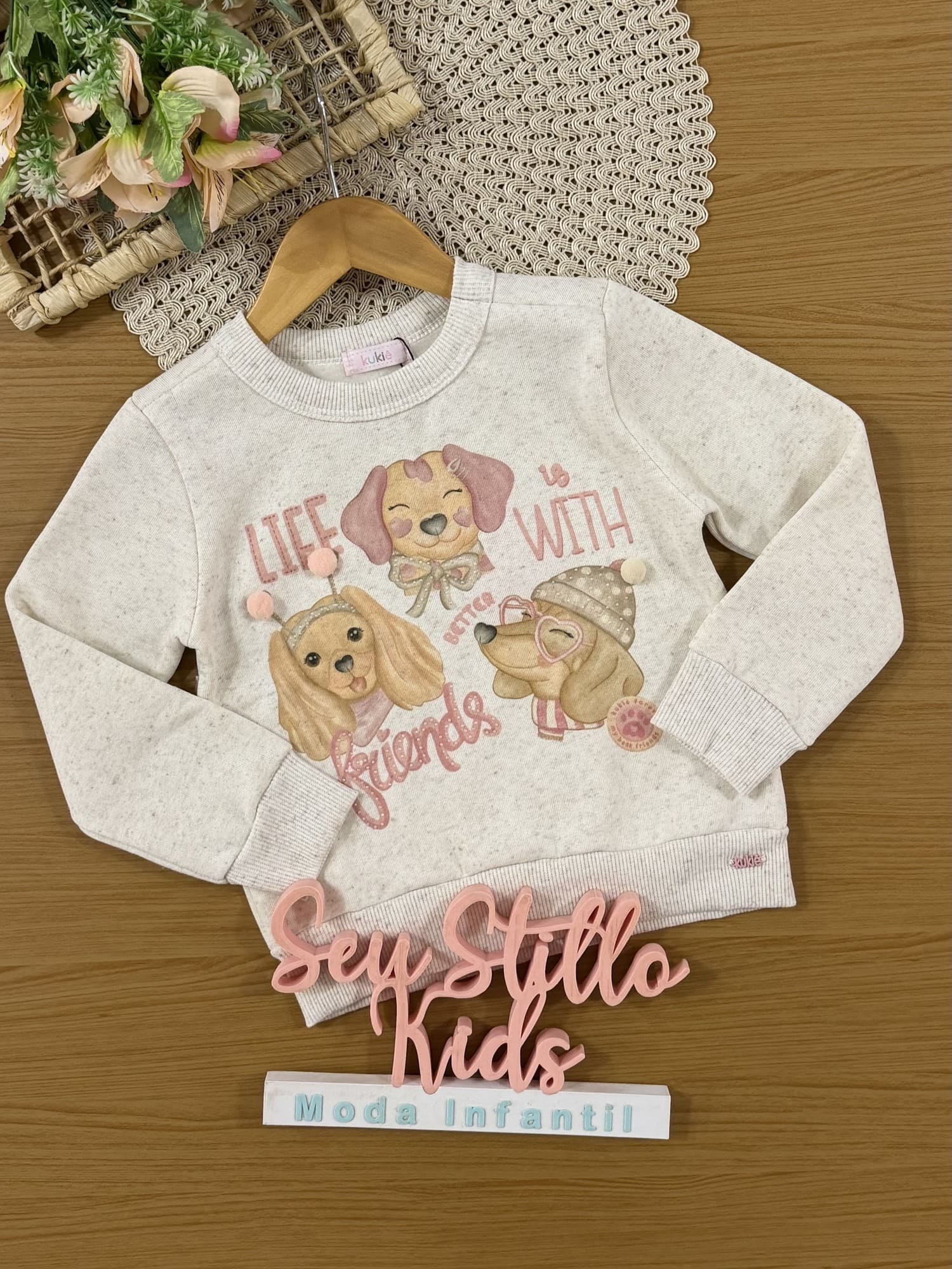Casaco Infantil Kukiê Inverno Flanelado Off White Cachorrinhas