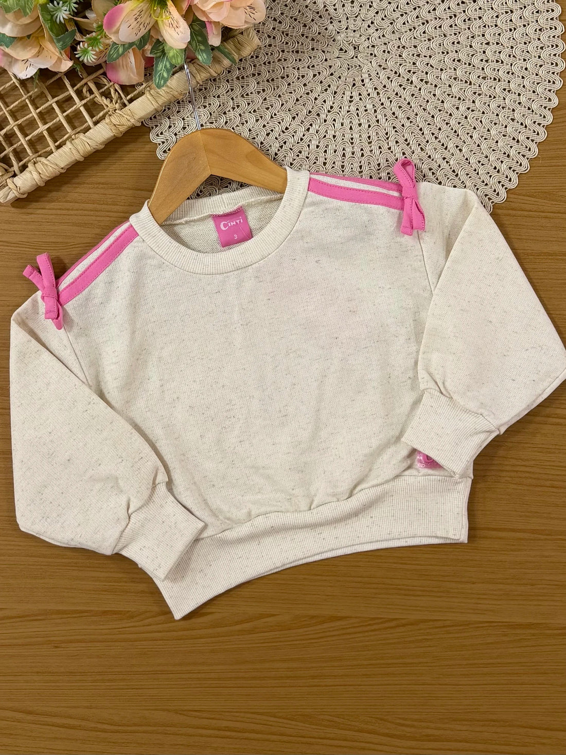 Conjunto Infantil Cinti Inverno com Shorts Saia e Moletom sem Flanela Off White Ursinha Enjoy