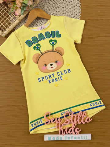 Vestido Infantil Kukiê Amarelo Ursinha Brasil Copa do Mundo