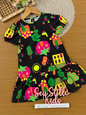 Vestido Infantil Bimbi Inverno Manga Curta Preto Fazendinha