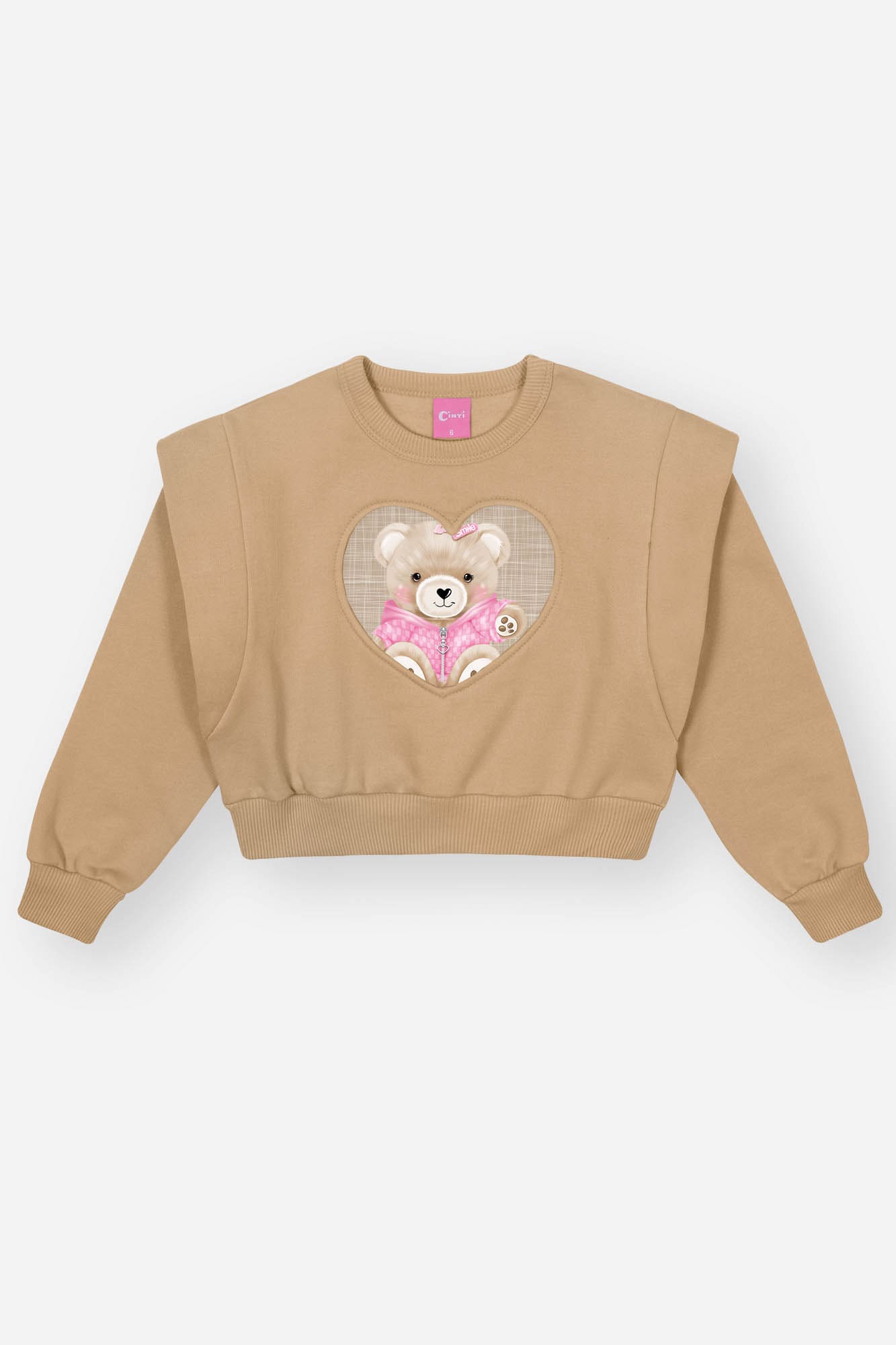 Conjunto Infantil Cinti Inverno Calça e Moletom Flanelado Bege Ursinho Coração