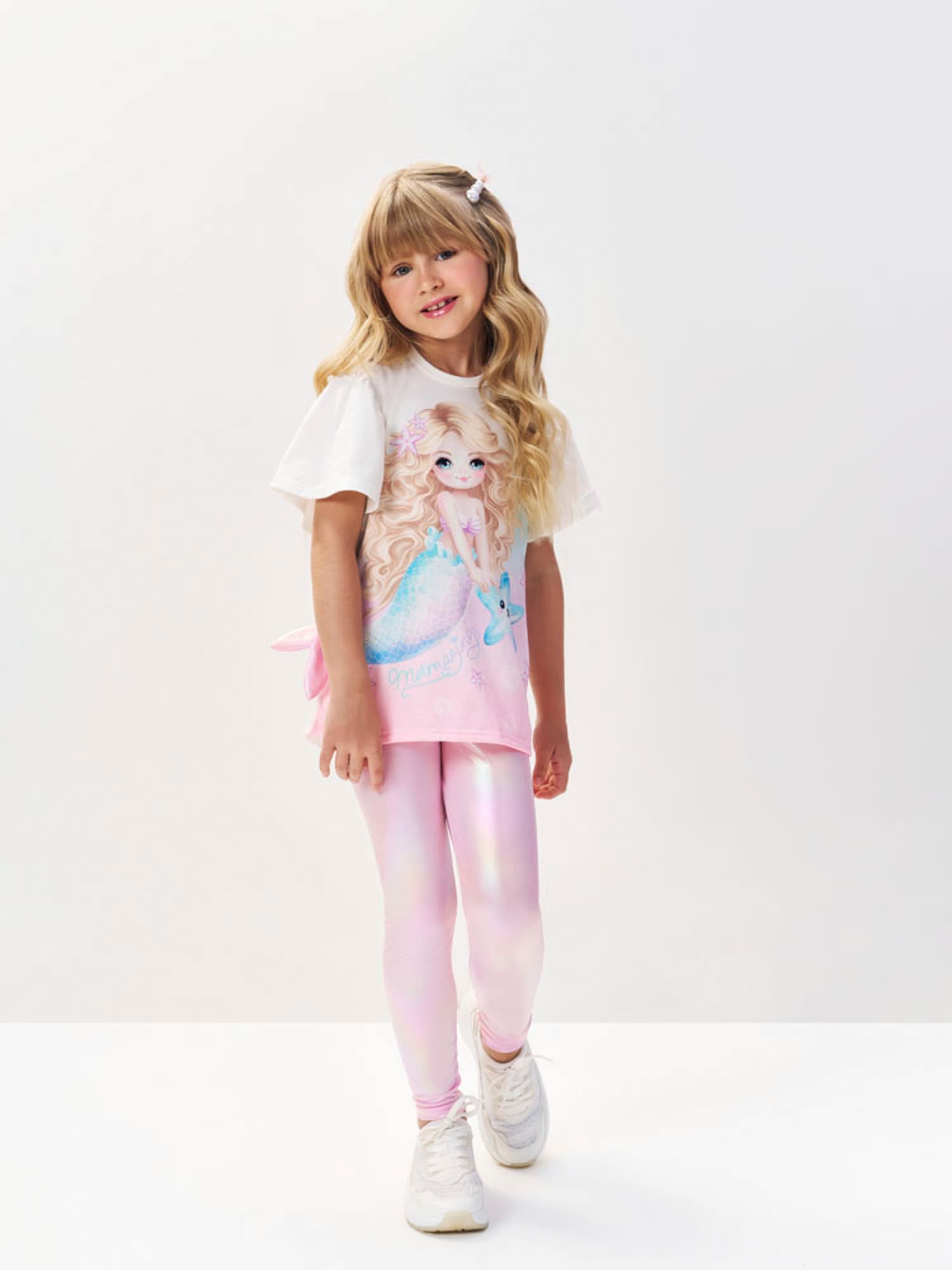 Conjunto Infantil Cinti Verão com Calça Rosa Holográfica e Blusa Branca Sereia