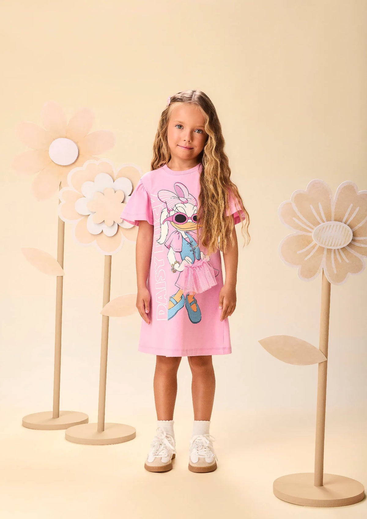 Vestido Infantil Momi Manga Curta Daisy Rosa Fashion Disney