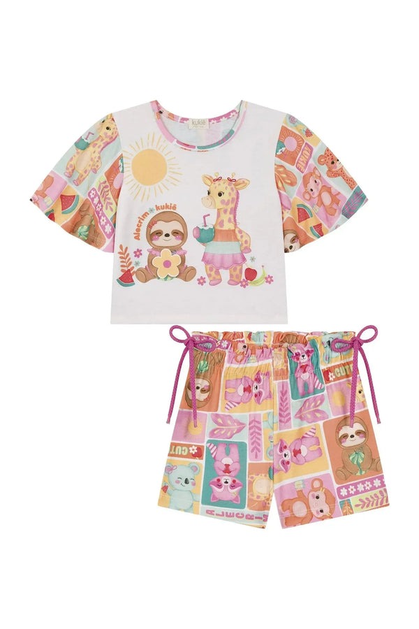 Conjunto Infantil Kukiê Verão com Shorts e Blusa Branca Animais