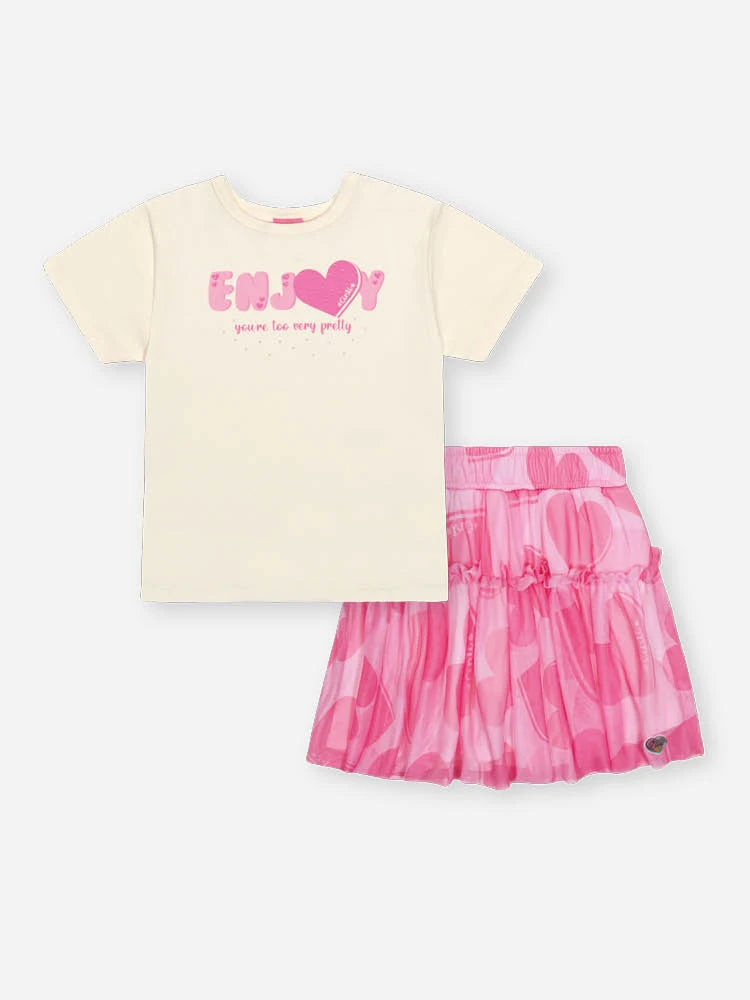 Conjunto Infantil Cinti Inverno com Saia Rosa em Tule e Blusa Manga Curta Enjoy