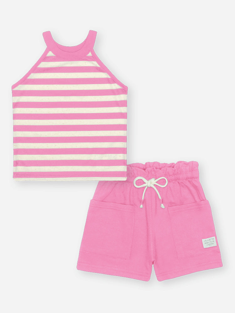 Conjunto Infantil Belime Verão com Shorts Rosa e Regata Listrada