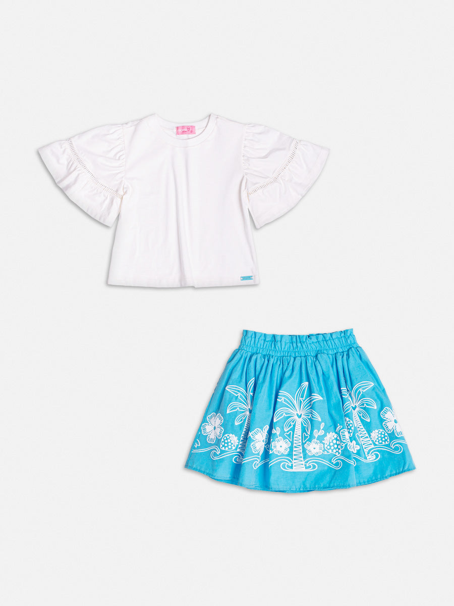 Conjunto Infanti Momi Verão Com Saia Azul Flores e Blusa Branca