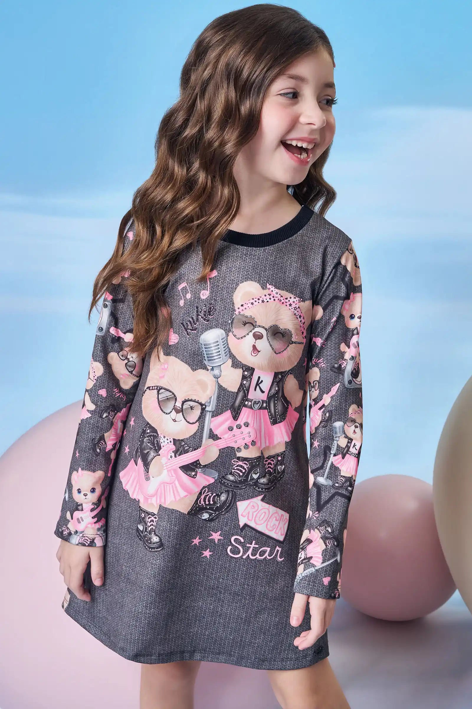Vestido Infantil Kukiê Inverno Térmico Cinza Ursinha Roqueira
