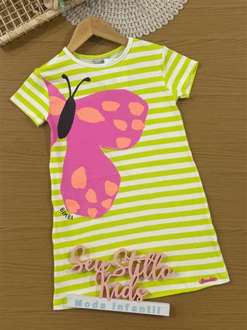 Vestido Infantil Bimbi Verão Verde Listrado Borboletinha