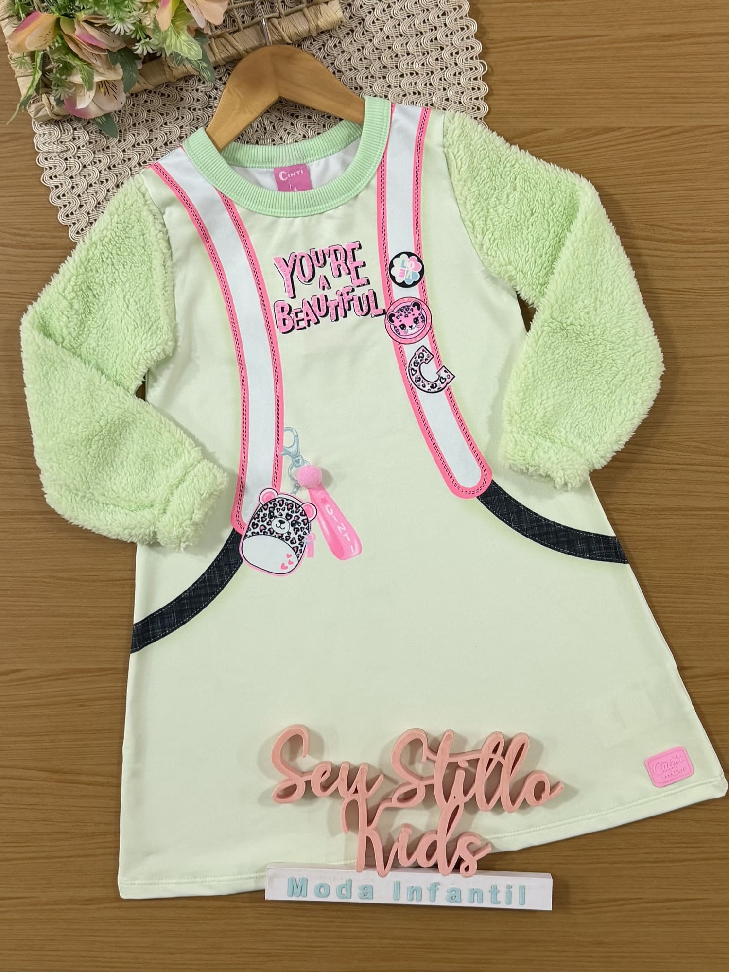Vestido Infantil Cinti Inverno Flanelado Verde Mochilinha