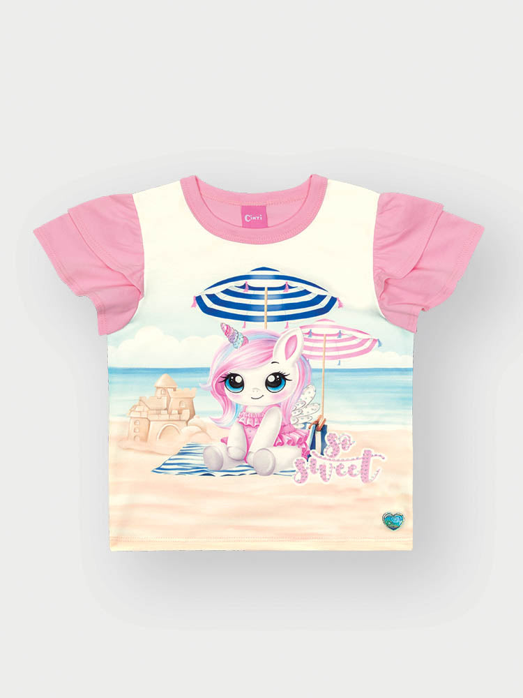 Blusa Infantil Cinti Verão Rosa Unicórnio na Praia com Strass