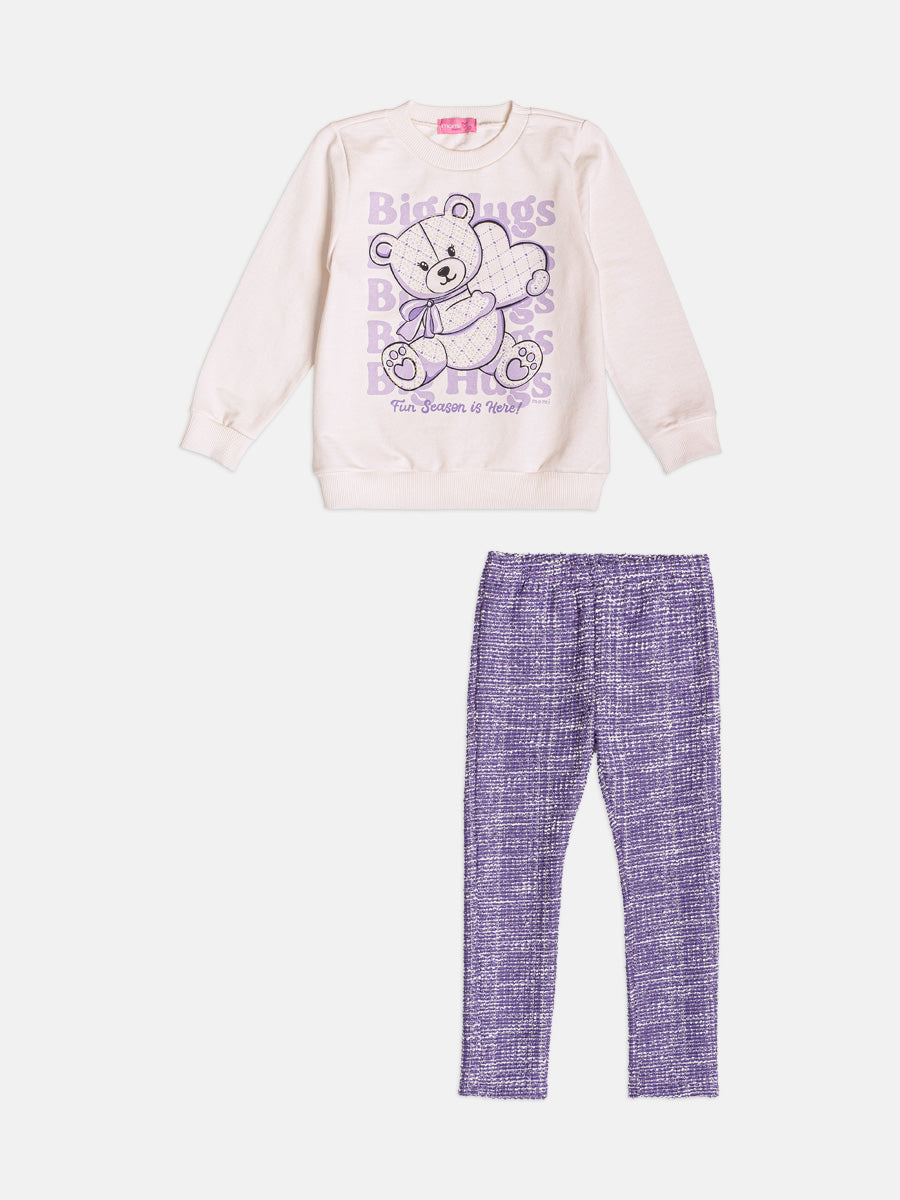 Conjunto Infantil Momi Inverno com Calça Lilás e Moletom sem Flanela Ursinha Coração