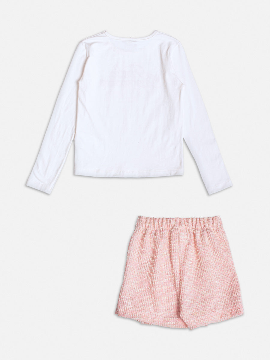 Conjunto Infantil Momi Inverno com Shorts Rosa e Blusa Manga Longa Branca com Strass