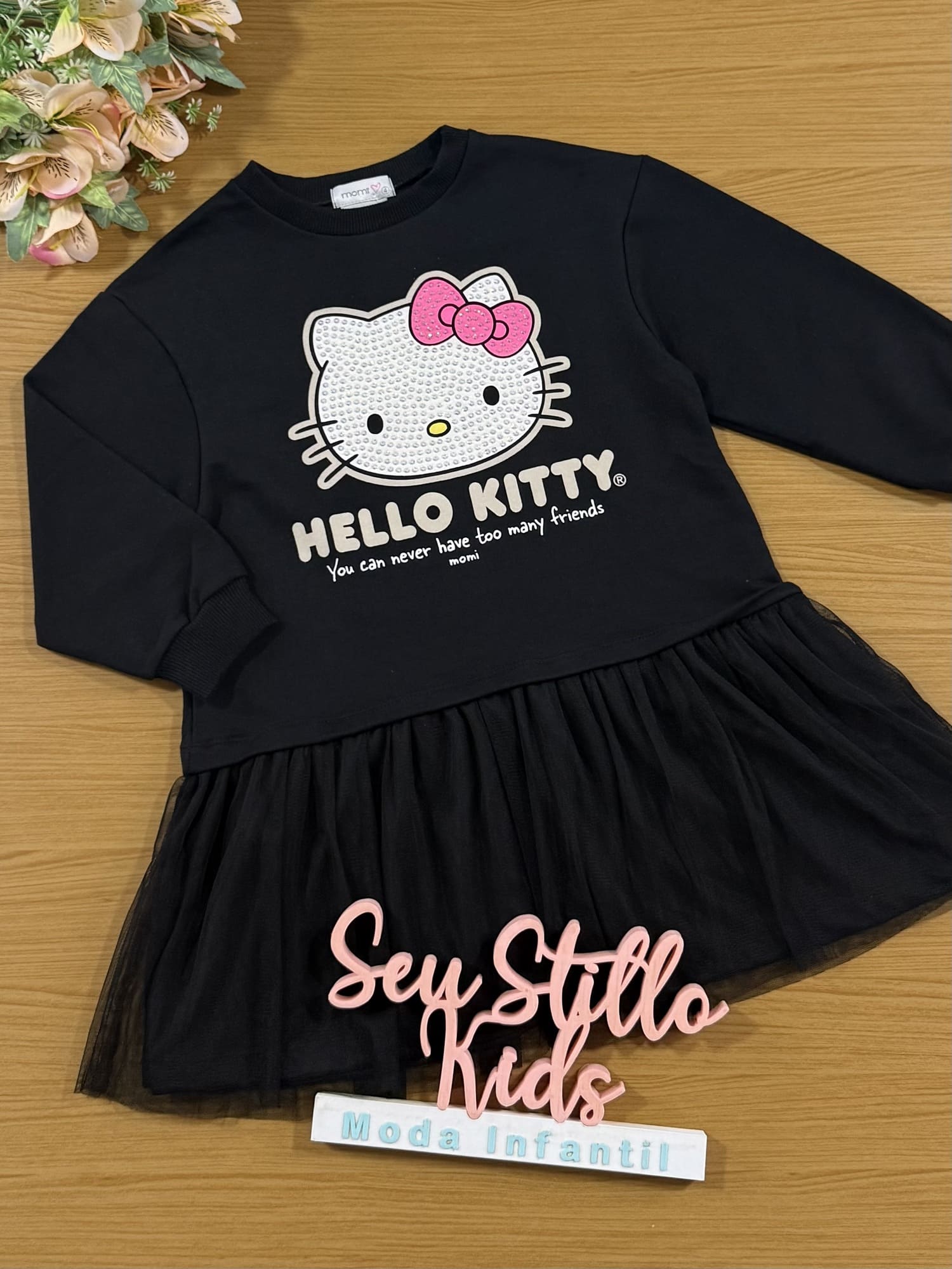 Vestido Infantil Momi Inverno Manga Longa Preto Hello Kitty Strass