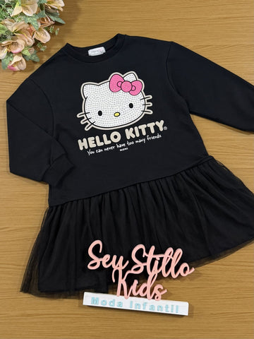 Vestido Infantil Momi Inverno Manga Longa Preto Hello Kitty Strass