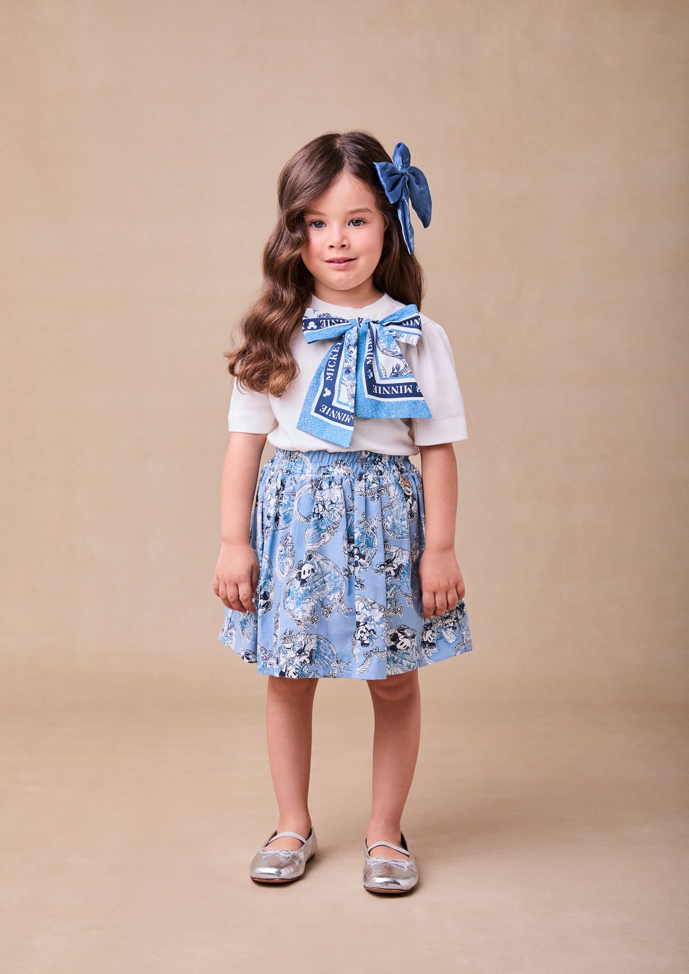 Conjunto Infantil Animê Inverno Saia Azul e Blusa Lacinho Mickey e Minnie Disney