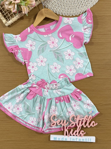 Conjunto Infantil Cinti Verão com Shorts e Blusa Verde Floral